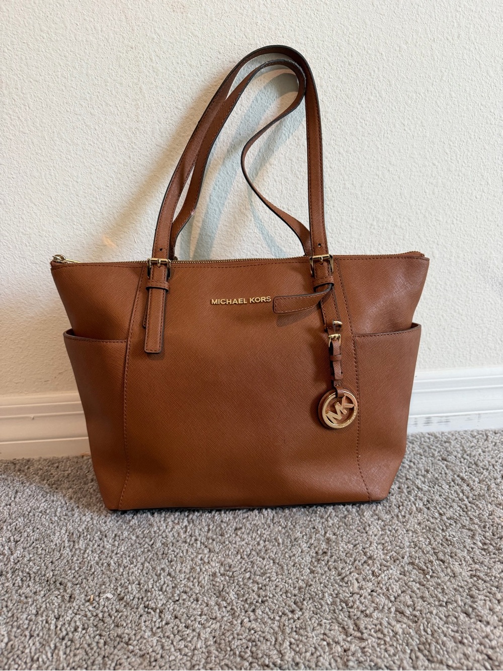 Michael Kors Cognac Leather Tote with Gold Logo Charm